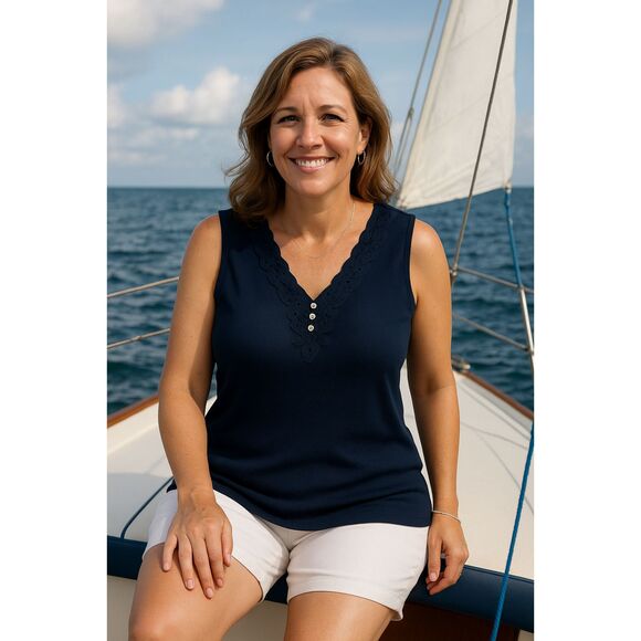 Lauren Ralph Lauren Top 2X Blue V-Neck Lace Applique Sleeveless Casual Nautical - Picture 1 of 5